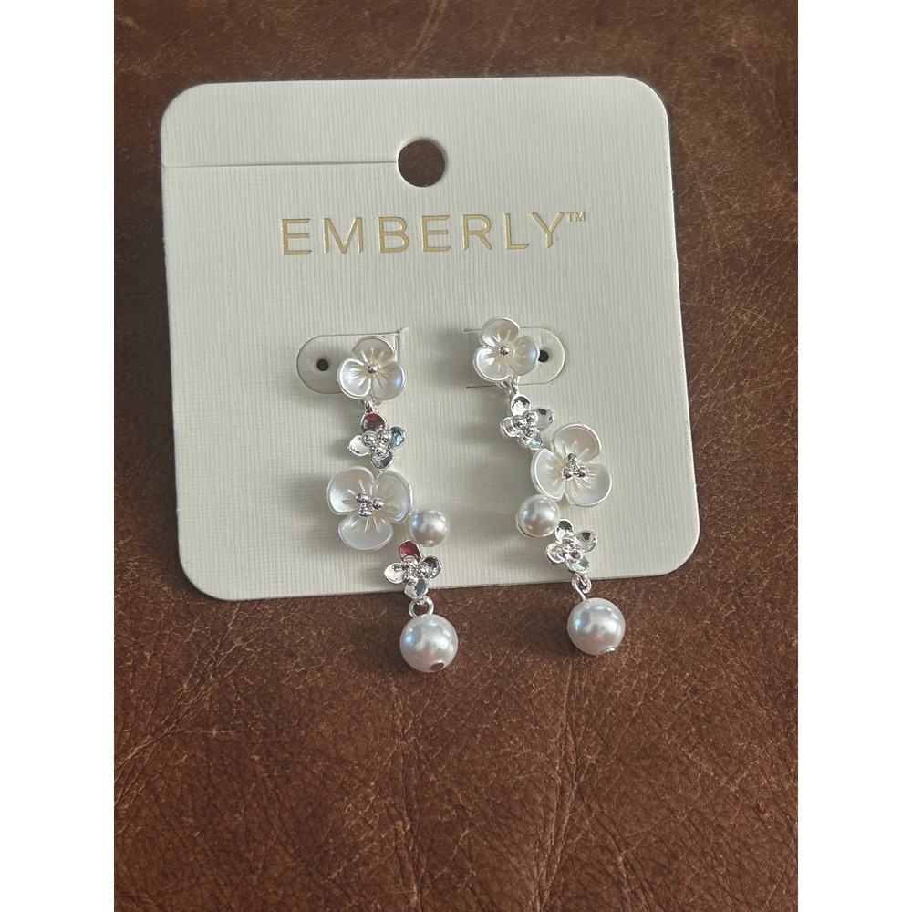 Emberly White Floral Pearl Drop Earrings Silver Tone Crystal Flower Dangle